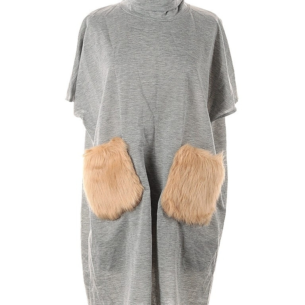 Gray Mock Turtleneck Shift Dress with Faux Fur Pockets